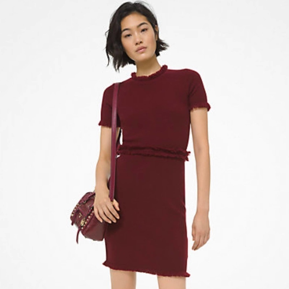 MICHAEL KORS Fringed Textured Merino Wool Blend Dress